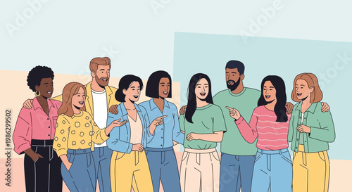 Diverse group of friends smiling and talking, outdoor casual gathering