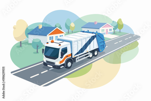 Modern Garbage Truck Waste Management Service in Suburb Illustration