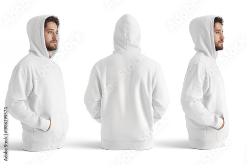 White Hoodie Mockup on Male Model, Front Back Side Views