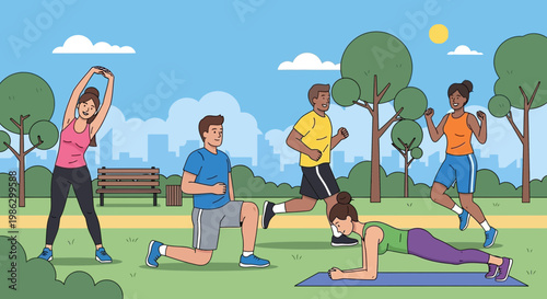 Diverse group of people exercising together in a sunny park, promoting healthy lifestyle
