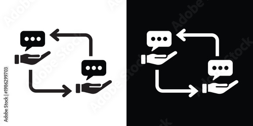 Speech bubble icons held by hands with circular arrows representing customer feedback loops, professional communication, support dialogue, and interactive messaging services.