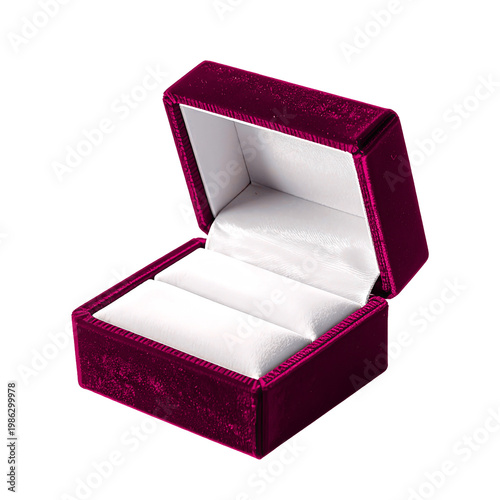 Open jewelry gift box with white satin interior for engagement or wedding ring or Empty open velvet ring box in magenta pink color isolated on Isolated on Transparent Background