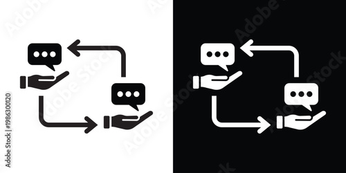 Speech bubble icons held by hands with circular arrows representing customer feedback loops, professional communication, support dialogue, and interactive messaging services.