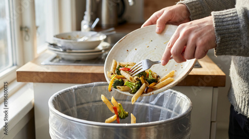 A person is scraping leftover penne pasta and vegetables from a ceramic plate into a metal trash can using a fork. This scene is set in a bright kitchen near a window.