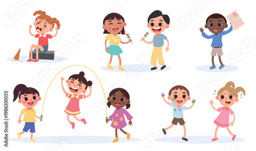 Set "active children". Cheerful, excited children jumping, running, playing energetically, crying, eating. Cute girls and boys in dynamic poses in a simple cartoon flat style