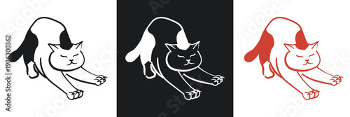 The cat stretches in a minimalist linear style with lines of different thicknesses in a Japanese style