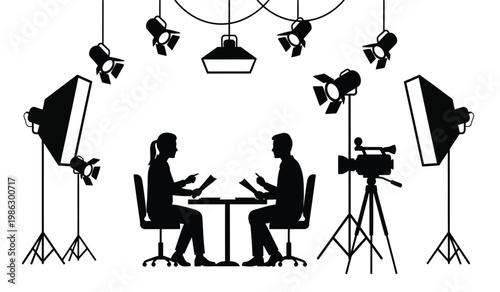 An interview setup is depicted with two individuals seated at a table surrounded by studio lights and a camera a silhouette high quality professional