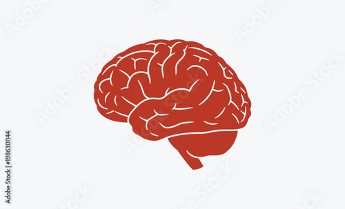 A red brain with white lines on a white background