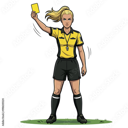 Female soccer referee showing yellow card in stadium