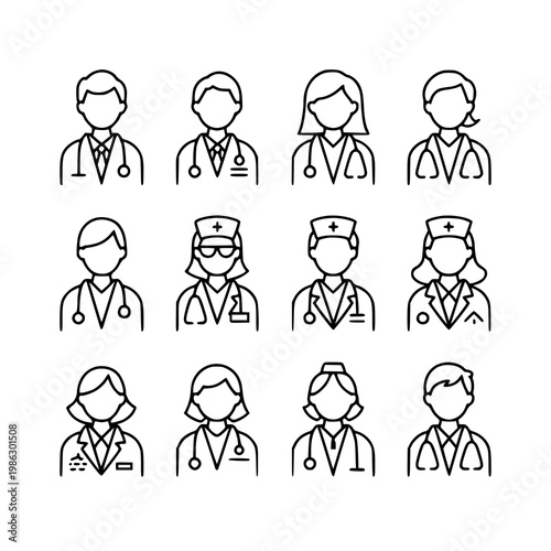 line icons of doctors and nurses in various poses