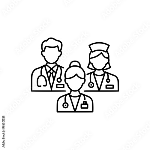 Family of three generations standing together in simple line art illustration