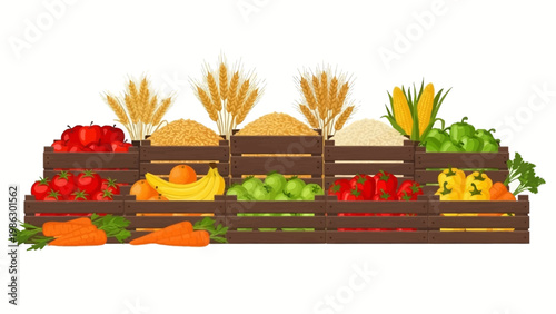 A vector illustration showcases a colorful assortment of fresh produce, including grains, corn, and vegetables, arranged in dark wooden crates against a white background