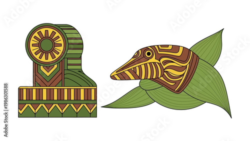 Vector illustration featuring stylized characters of a farming rice paddy icon and a secondary crop icon, designed in earthy tones against a white background with detailed line art