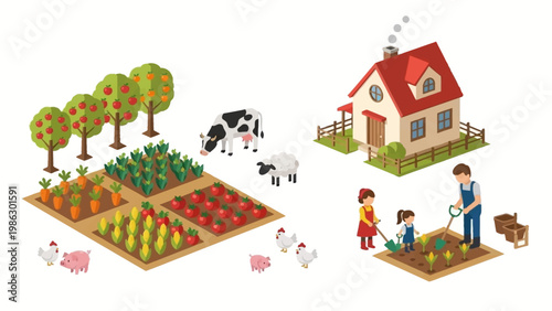 Isometric vector illustration showing a family farming secondary crops in their rice paddy gardens and raising livestock near their house, set against a clean white background