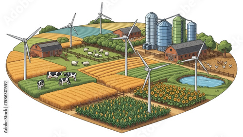 Colorful vector illustration showcasing sustainable agriculture with wind turbines and livestock amidst rice paddy fields and secondary crops, designed with a cheerful and optimistic mood