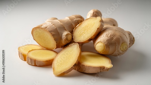 Fresh ginger root slices on white background showcasing its natural texture and vibrant yellow interior perfect for culinary and health related uses