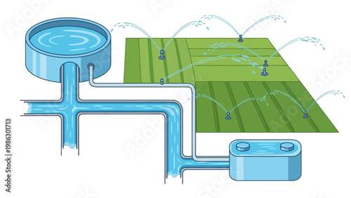 Vector illustration showcasing a modern agriculture system with water flowing from a storage tank to a pump and then irrigating a rice paddy and other secondary crops, set against a clean