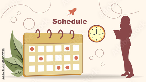 Vector illustration of schedule calendar with clock and business woman. Time management, deadline planning, project timeline, productivity control, work organization, and planning concept.