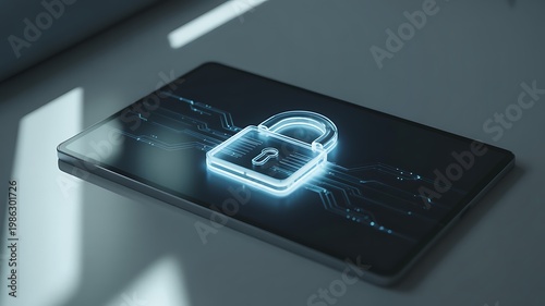 Glowing blue padlock on smartphone screen on gray surface with reflections