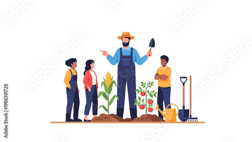 A farmer character, illustrated in a flat vector style, teaches children about agriculture and secondary crops in a garden with corn and tomatoes, set against a clean white background