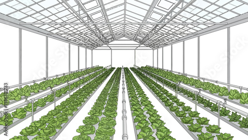 Detailed illustration of a hydroponic farm featuring rows of leafy greens growing inside a large greenhouse with a complex metal frame, set against a clean white background, emphasizing