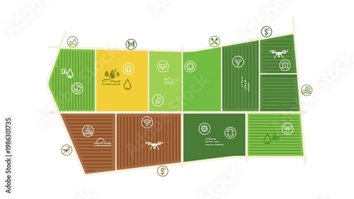 Detailed vector illustration of agricultural land, featuring rice paddies and secondary crops, with character icons indicating various farming activities against a clean white background