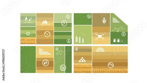Vector illustration depicting agriculture and rice paddy farming, arranged in a grid pattern with icons representing secondary crops, business elements, and farming practices