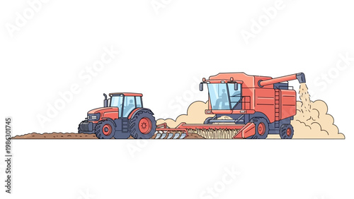 Detailed vector art illustrates farming with a tractor plowing and a combine harvester gathering crops in a field, set against a clean white background with a bright and modern design