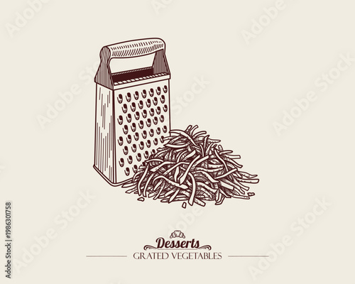 A grated pile of vegetables or fruit and a vegetable grater. Linear vector illustration, monochrome line art.