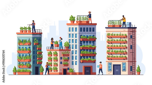 Colorful vector illustration of people doing agriculture in rooftop gardens and vertical farms on city buildings, showcasing sustainable business design with a world of secondary crops