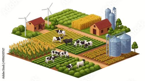 Isometric vector art showcases agriculture and farming with people, characters, and icons representing a world of business, featuring rice paddies and secondary crops alongside livestock