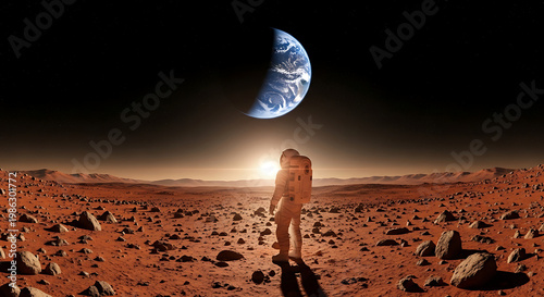 Astronaut standing on mars surface looking at earth in the sky