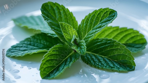 Fresh green mint leaves on a white plate with water droplets close up view of herbal plant
