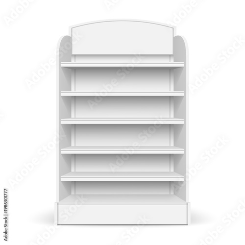 White empty store shelf rack mockup front. Front view Product shelves counter design