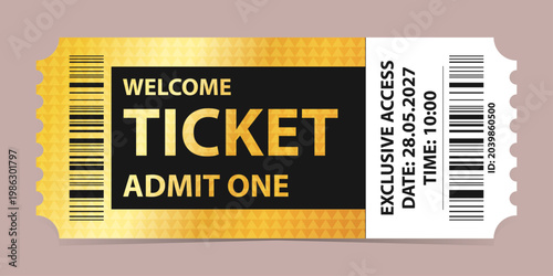 Golden glittering stub vip ticket (tear-off) template. Useful for any festival, party, concert, cinema, birthday event, entertainment show