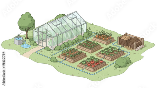 Isometric vector illustration showcasing agriculture with various secondary crops being farmed in rice fields and gardens, depicting a greenhouse, garden beds, and a small building