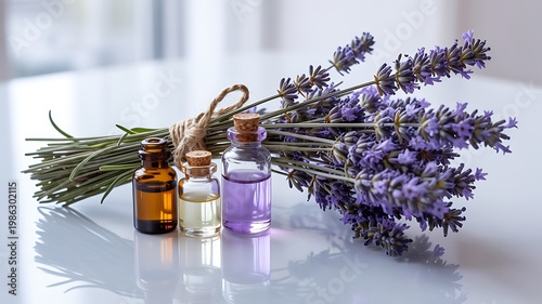 Lavender essential oil bottles with fresh purple flowers on white surface for aromatherapy and relaxation