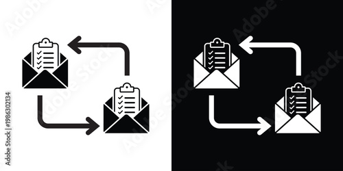 Icons of envelopes containing checklists with transfer arrows, representing automated email reporting, newsletter distribution, task notifications, and digital correspondence flow.
