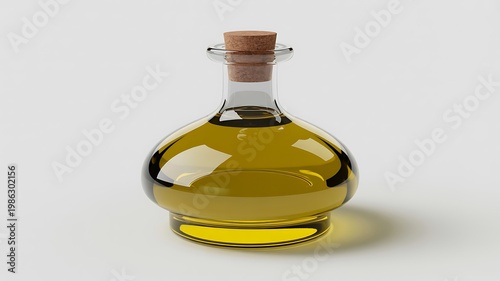 Glass bottle of golden olive oil with cork stopper on white background perfect for cooking and culinary use