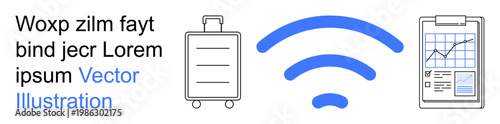 Travel, connectivity, remote work, analytics, business mobility, wireless communication. Luggage, wireless sign and clipboard graph. Travel and connectivity concept with wireless communication