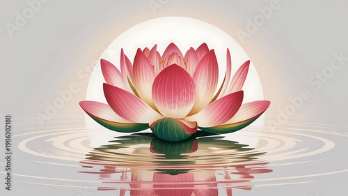 Pink lotus flower in water with full moon background serene and peaceful natural scene with ripples