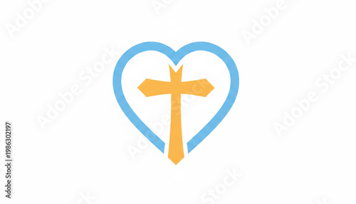Heart icon with glowing cross symbol in blue ribbon and warm golden orange center featuring medical healthcare, faith, church with Christianity and