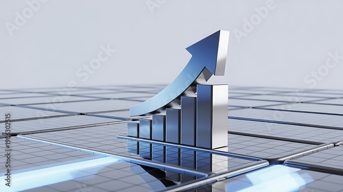 3d blue metallic graph with rising arrow on grid background symbolizing growth and success in business and finance
