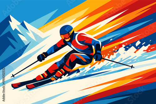 Dynamic Alpine Skier Vector Illustration with Bold Colors and Geometric Shapes, Downhill Skiing Action Poster, Colorful Winter Sports Graphic Art for Wallpaper, Banner, and Creative Design