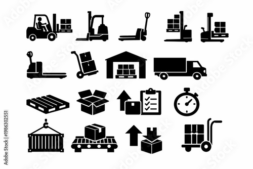 Black Silhouette Icon Set of Warehouse Equipment Including Forklifts, Pallet Jacks, Stackers, Hand Trucks, Delivery Trucks, Shipping Containers, Conveyor Belts, and Logistics Supply Chain Symbols