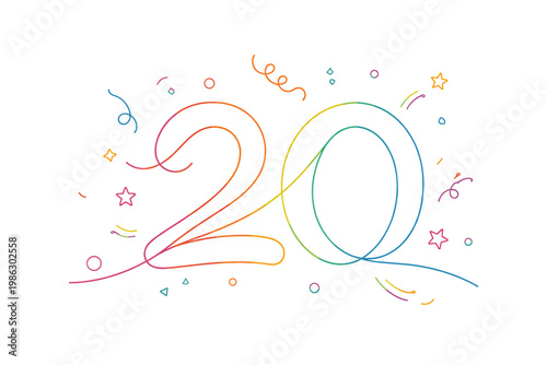 Continuous line art illustration of the number 20 twenty with colorful rainbow gradient and festive confetti stars for anniversary birthday celebration or milestone event isolated on white