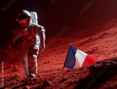 Astronaut placing french flag on mars surface