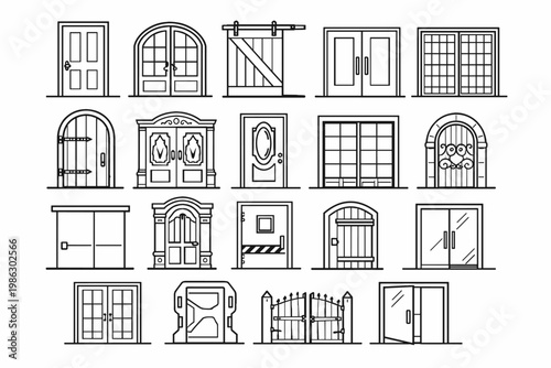 Comprehensive collection of various door types and architectural entrance styles in a clean line art illustration, featuring barn doors, arched portals, double doors, modern glass, and gates.