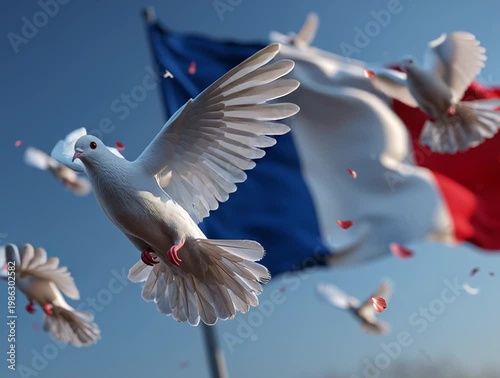 White doves flying with french flag, symbolizing peace