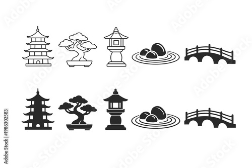 Collection of Asian garden and architecture icons in outline and silhouette styles featuring a pagoda, bonsai tree, stone lantern, zen rock garden, and arched bridge for oriental design projects.